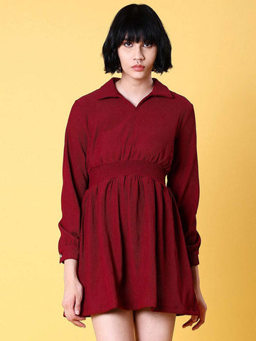 Shop Women Corduroy Elasticated V-Neck Dress Online.