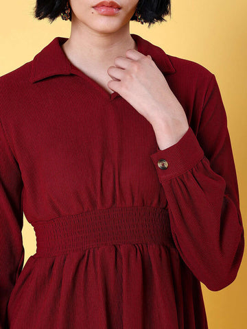 Shop Women Corduroy Elasticated V-Neck Dress Online.