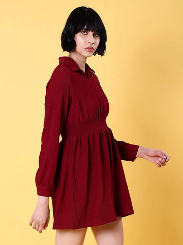 Shop Women Corduroy Elasticated V-Neck Dress Online.