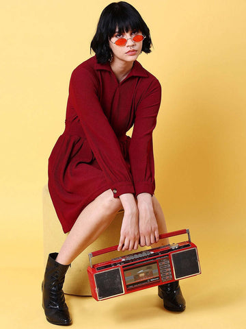 Shop Women Corduroy Elasticated V-Neck Dress Online.