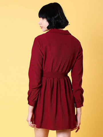 Shop Women Corduroy Elasticated V-Neck Dress Online.