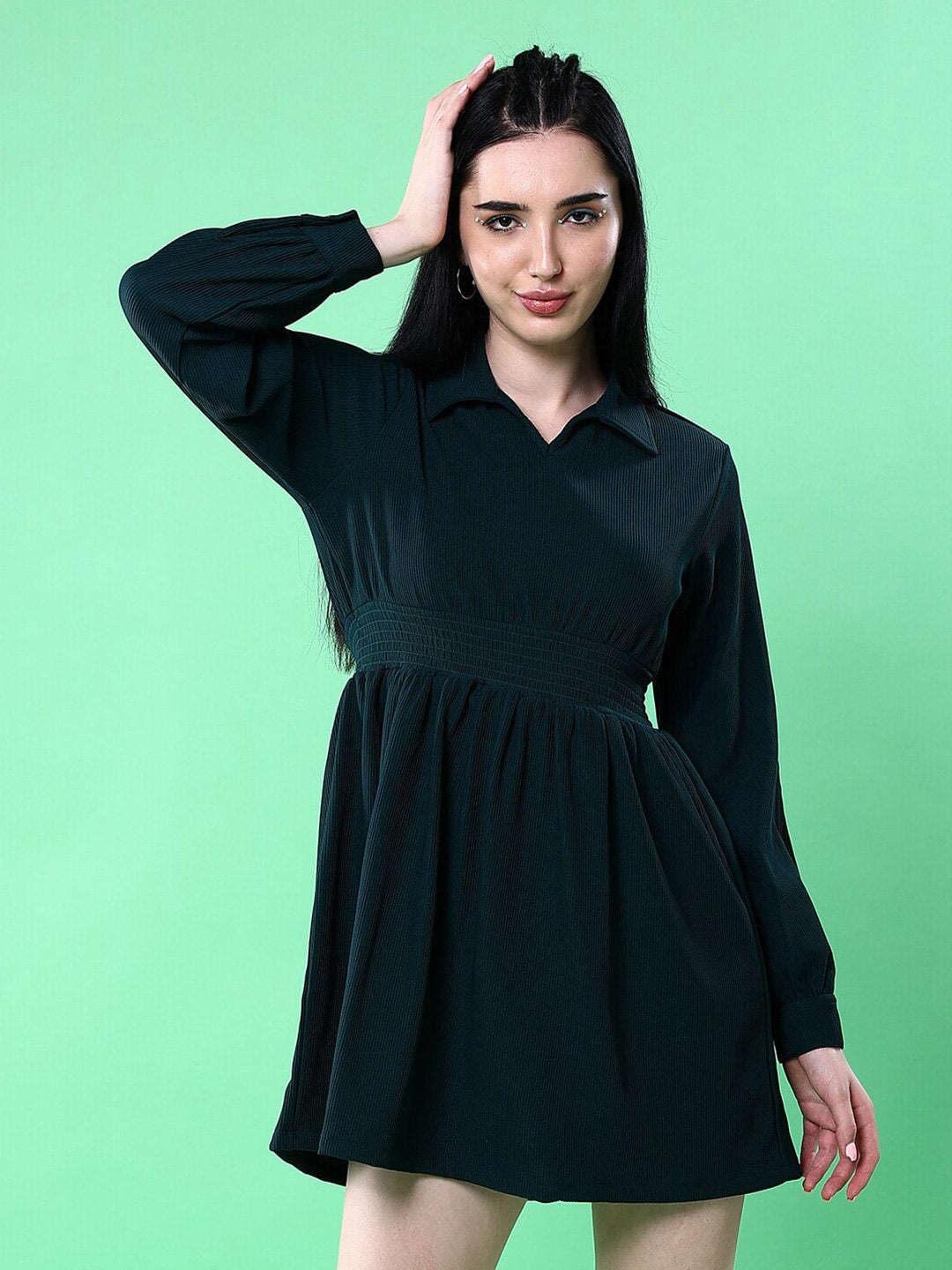 Shop Women Corduroy Elasticated V-Neck Dress Online.