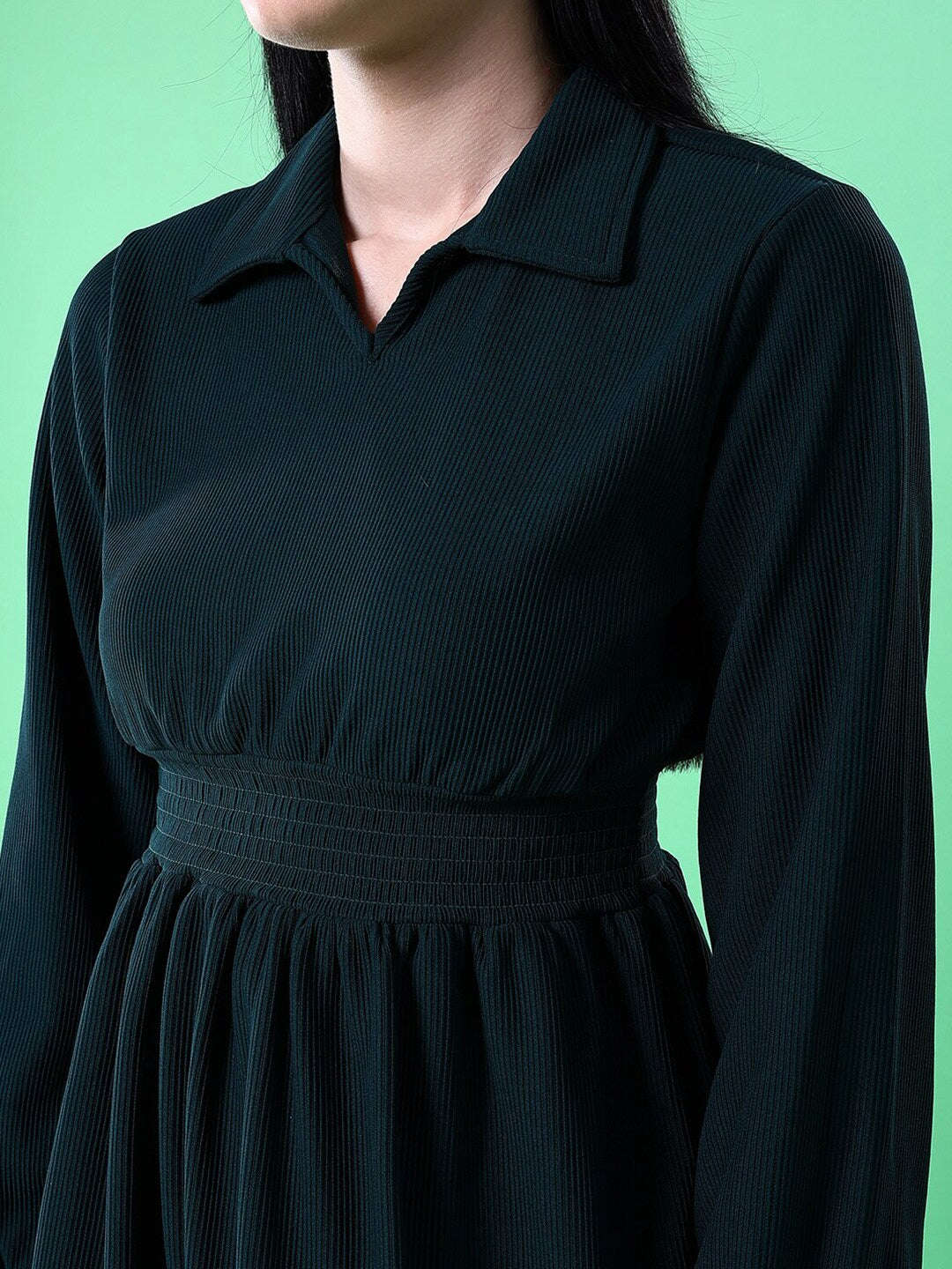 Shop Women Corduroy Elasticated V-Neck Dress Online.