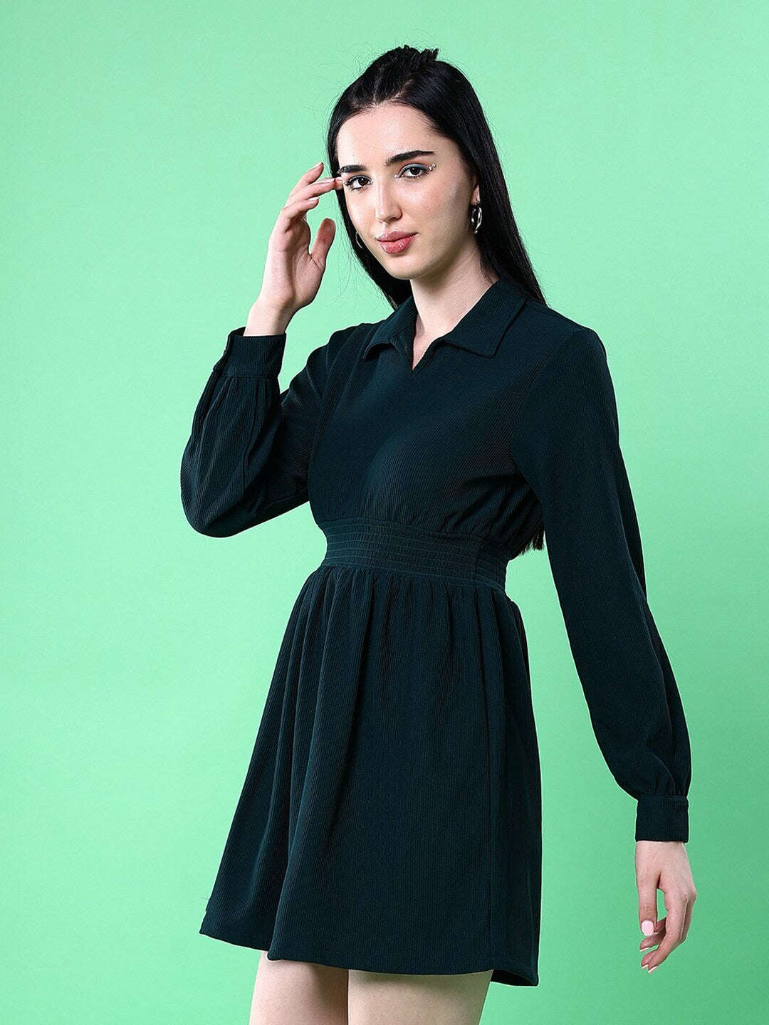 Shop Women Corduroy Elasticated V-Neck Dress Online.