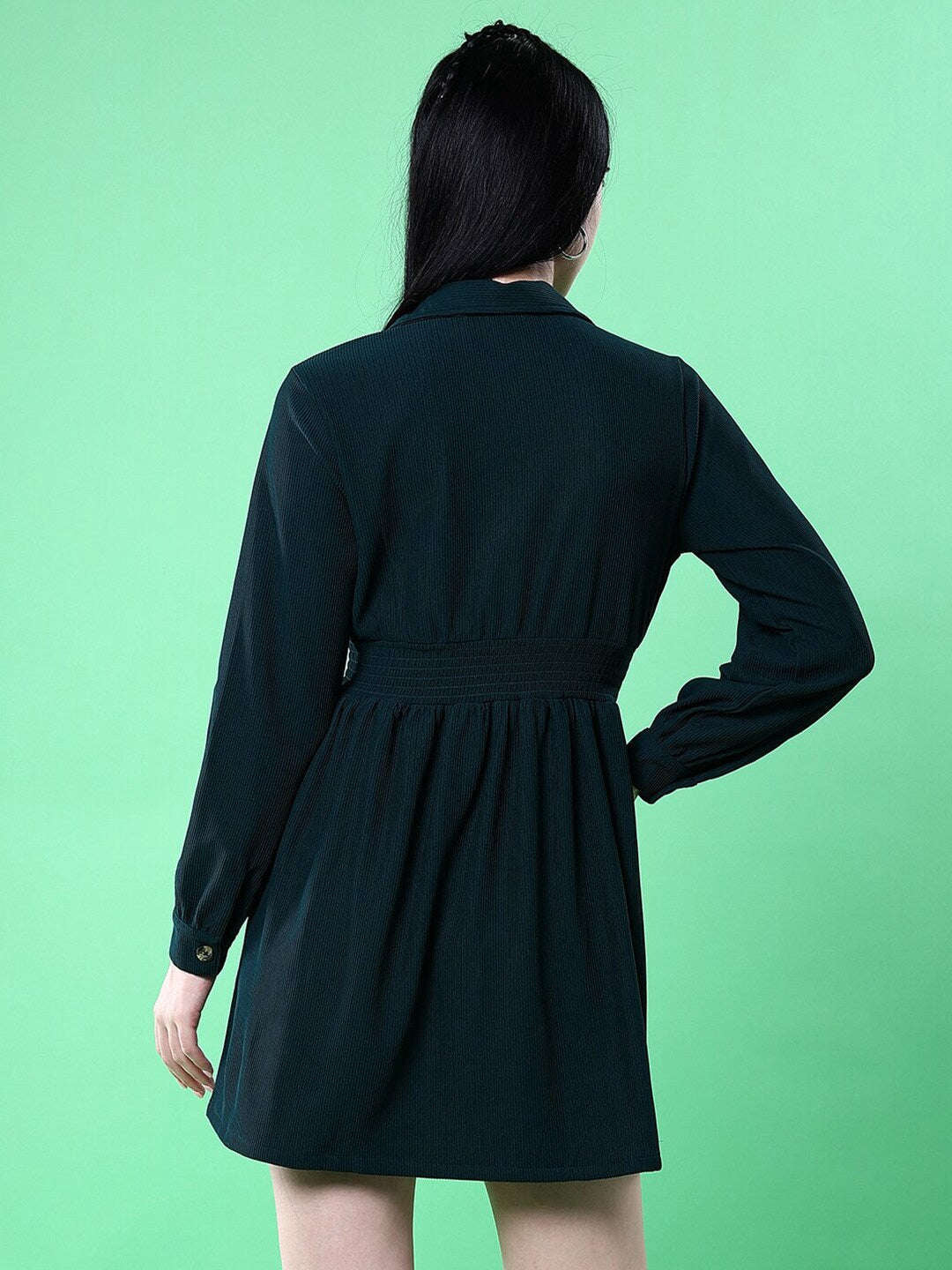 Shop Women Corduroy Elasticated V-Neck Dress Online.