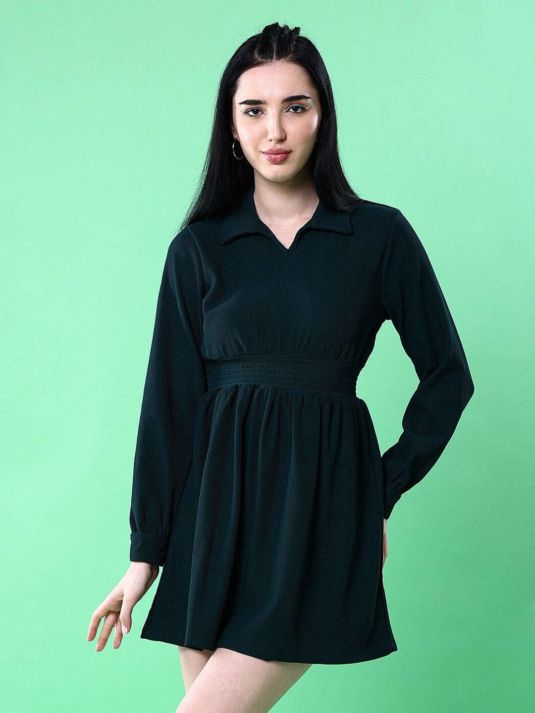 Shop Women Corduroy Elasticated V-Neck Dress Online.