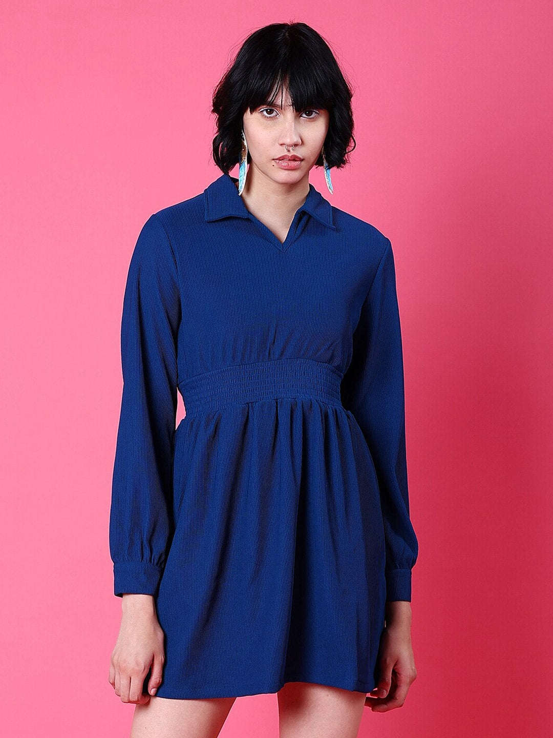 Shop Women Corduroy Elasticated V-Neck Dress Online.