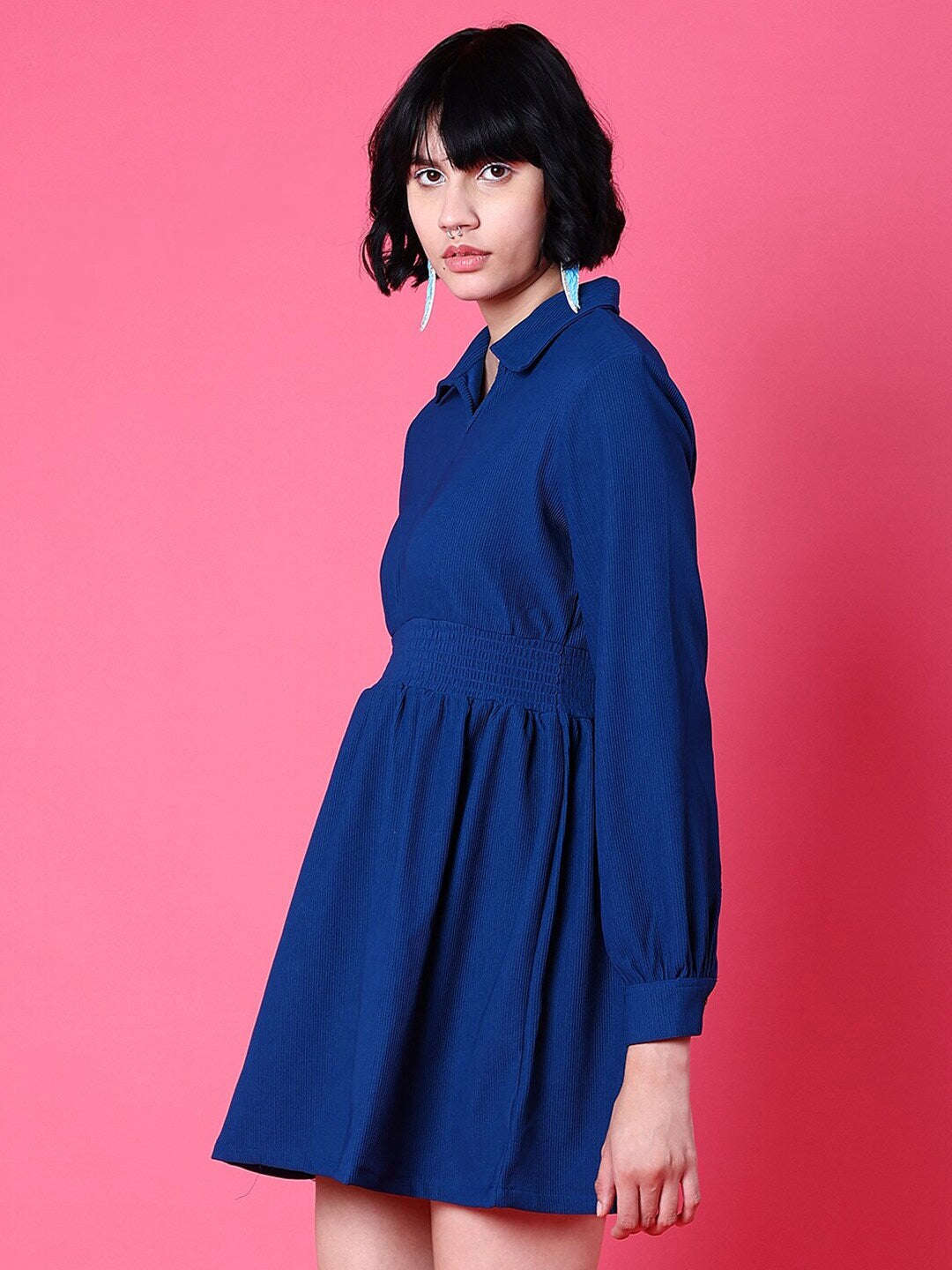 Shop Women Corduroy Elasticated V-Neck Dress Online.