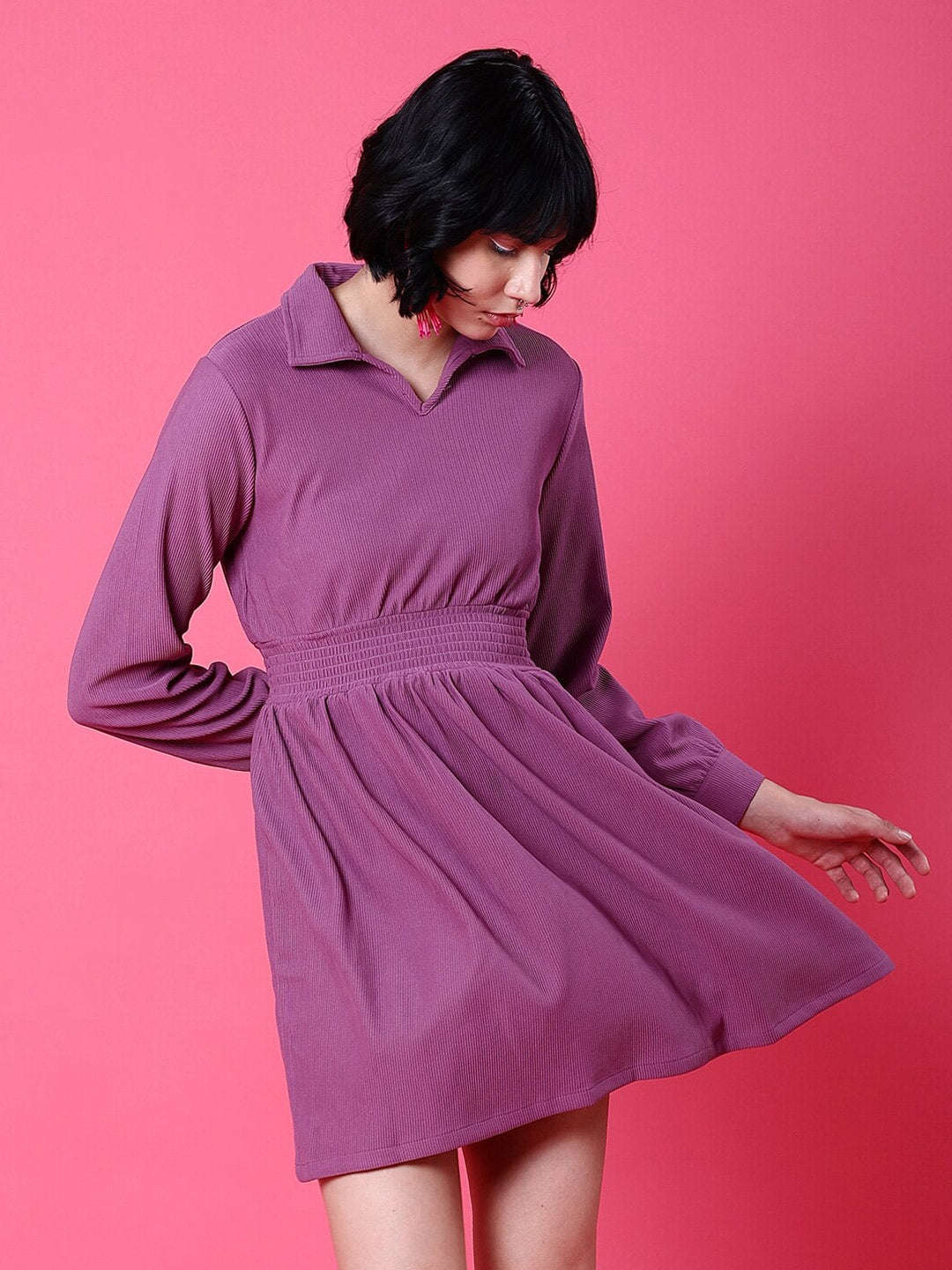 Shop Women Corduroy Elasticated V-Neck Dress Online.