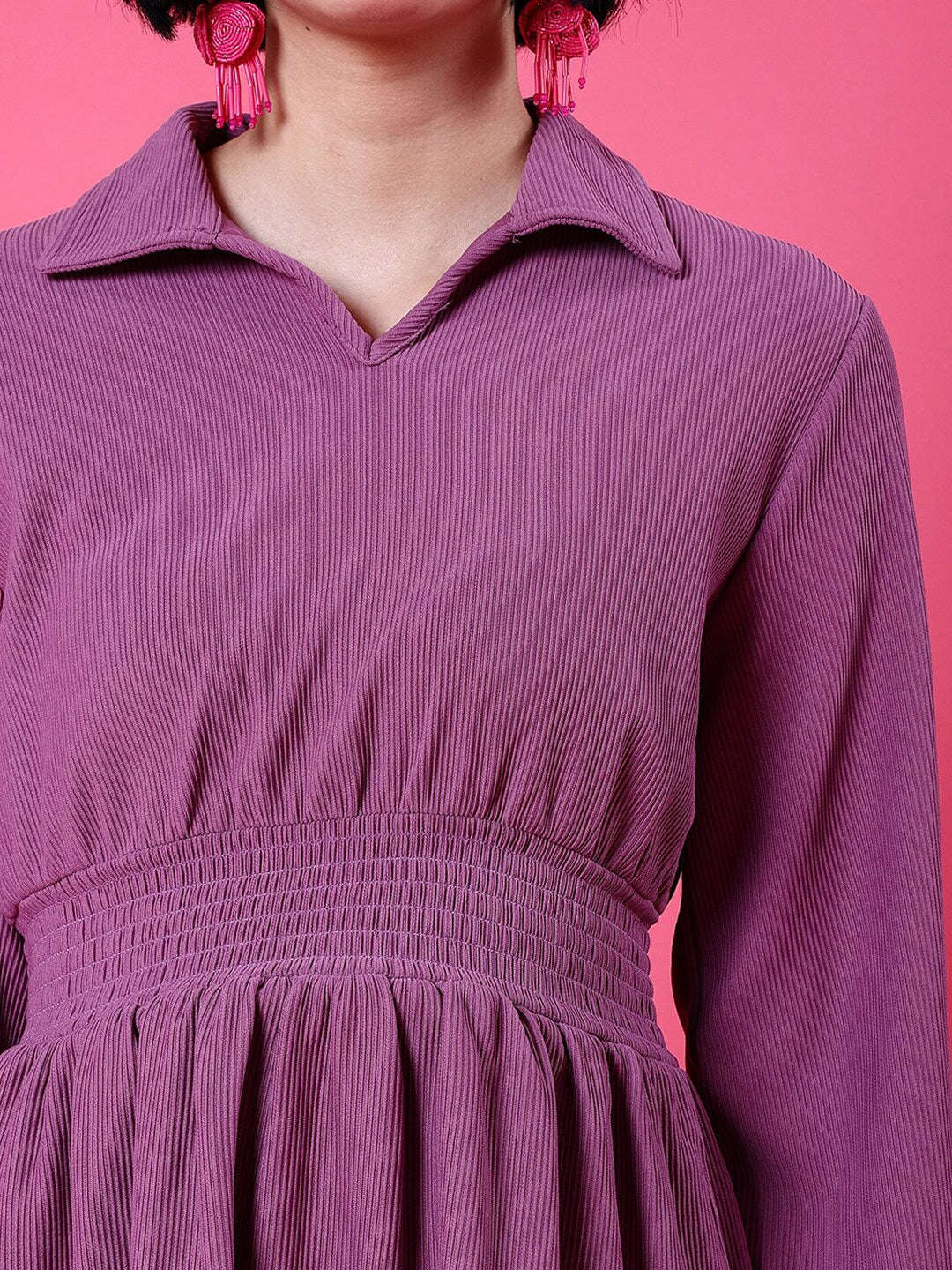 Shop Women Corduroy Elasticated V-Neck Dress Online.