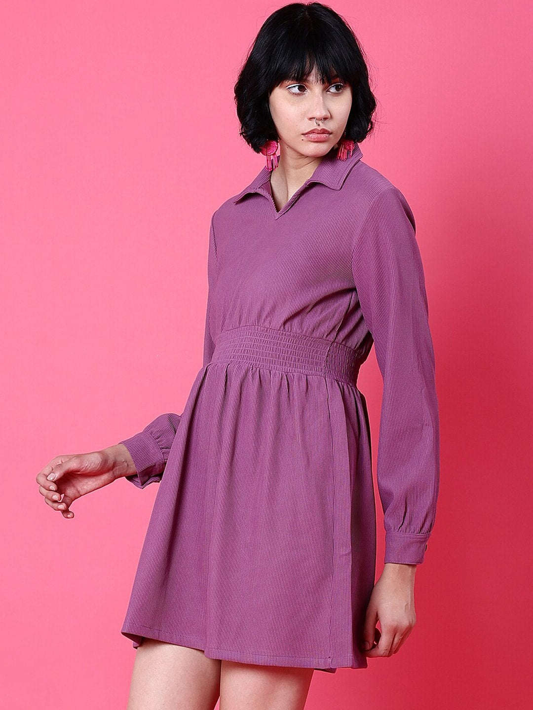 Shop Women Corduroy Elasticated V-Neck Dress Online.