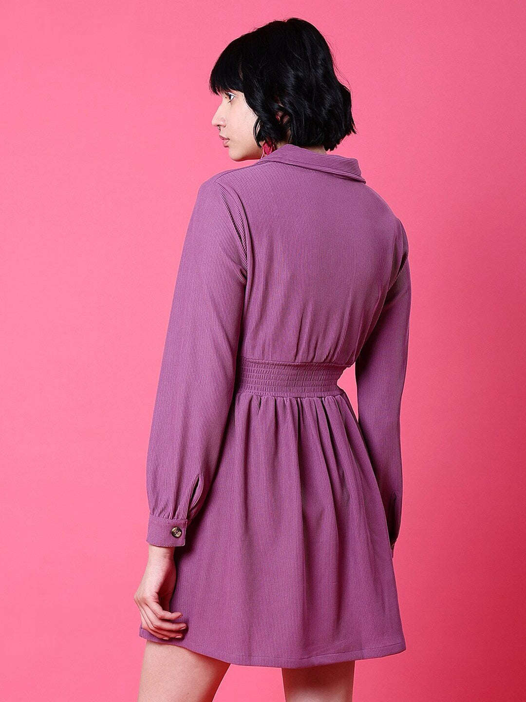 Shop Women Corduroy Elasticated V-Neck Dress Online.