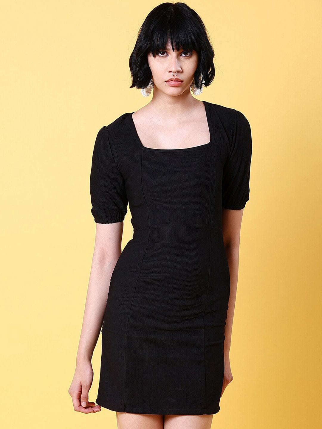 Shop Women Fitted Corduroy Puff Sleeve Dress Online.