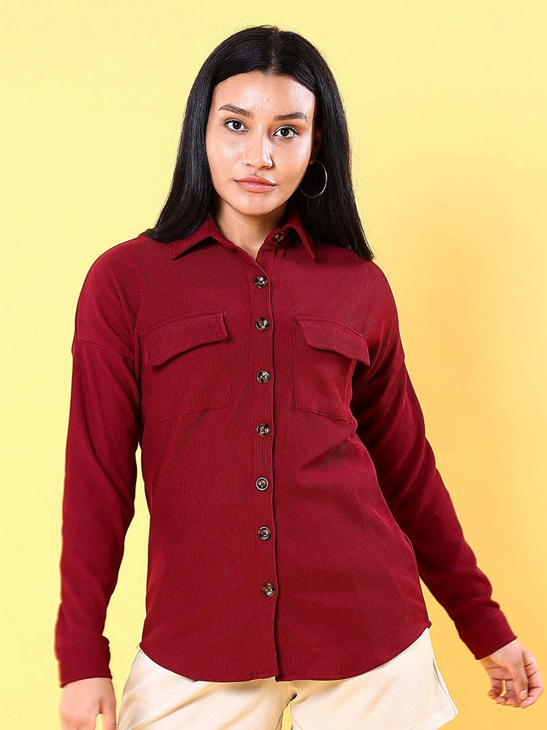 Shop Women Corduroy Cargo Pocket Oversized Shirt Online.