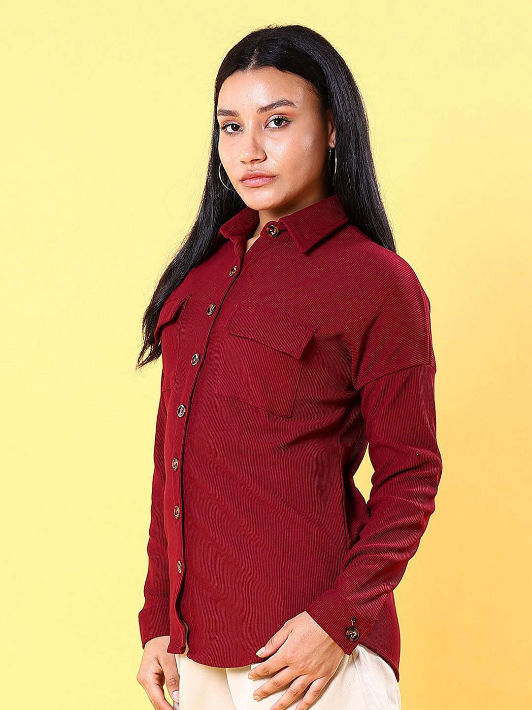 Shop Women Corduroy Cargo Pocket Oversized Shirt Online.