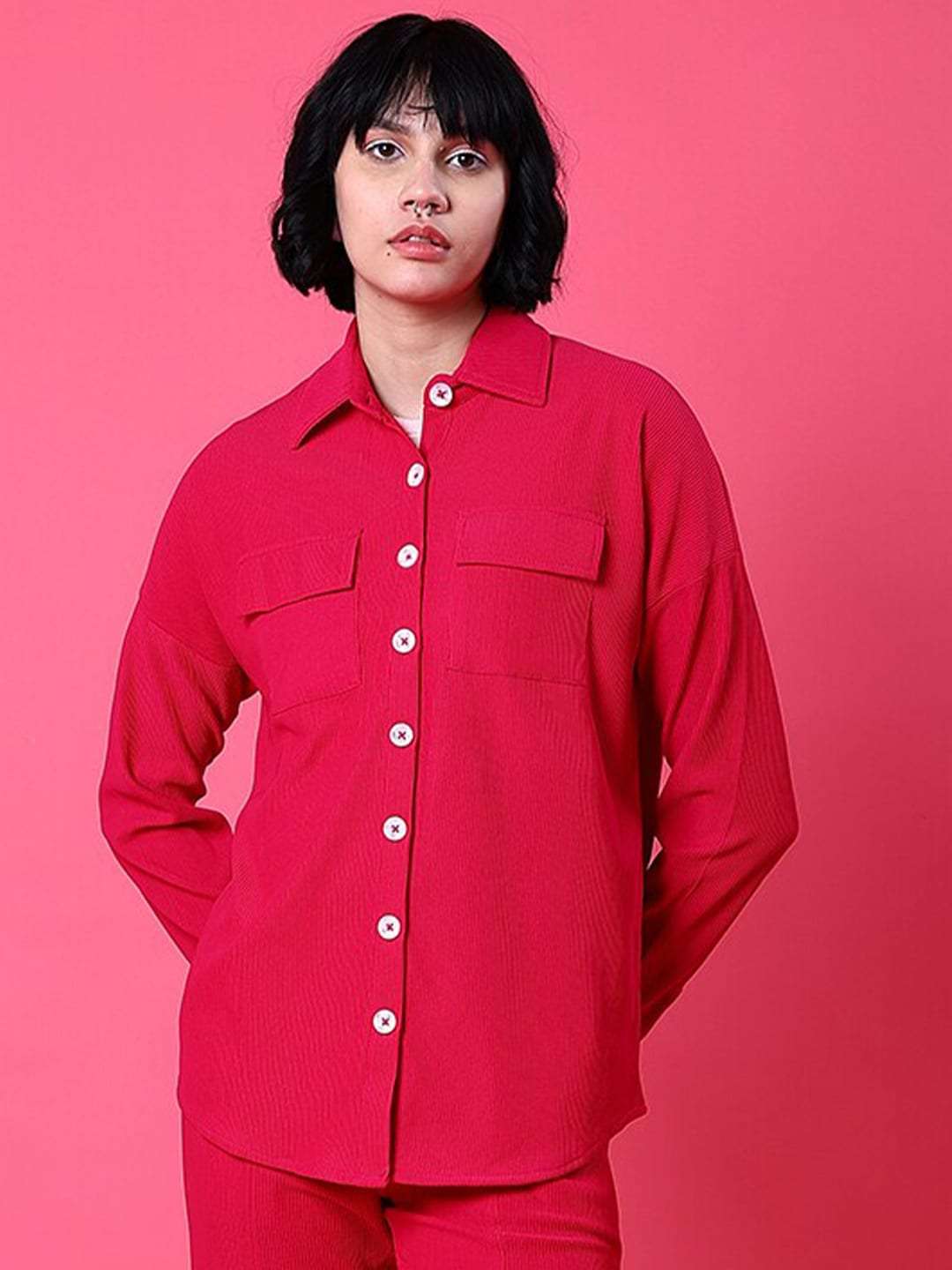 Shop Women Corduroy Cargo Pocket Oversized Shirt Online.