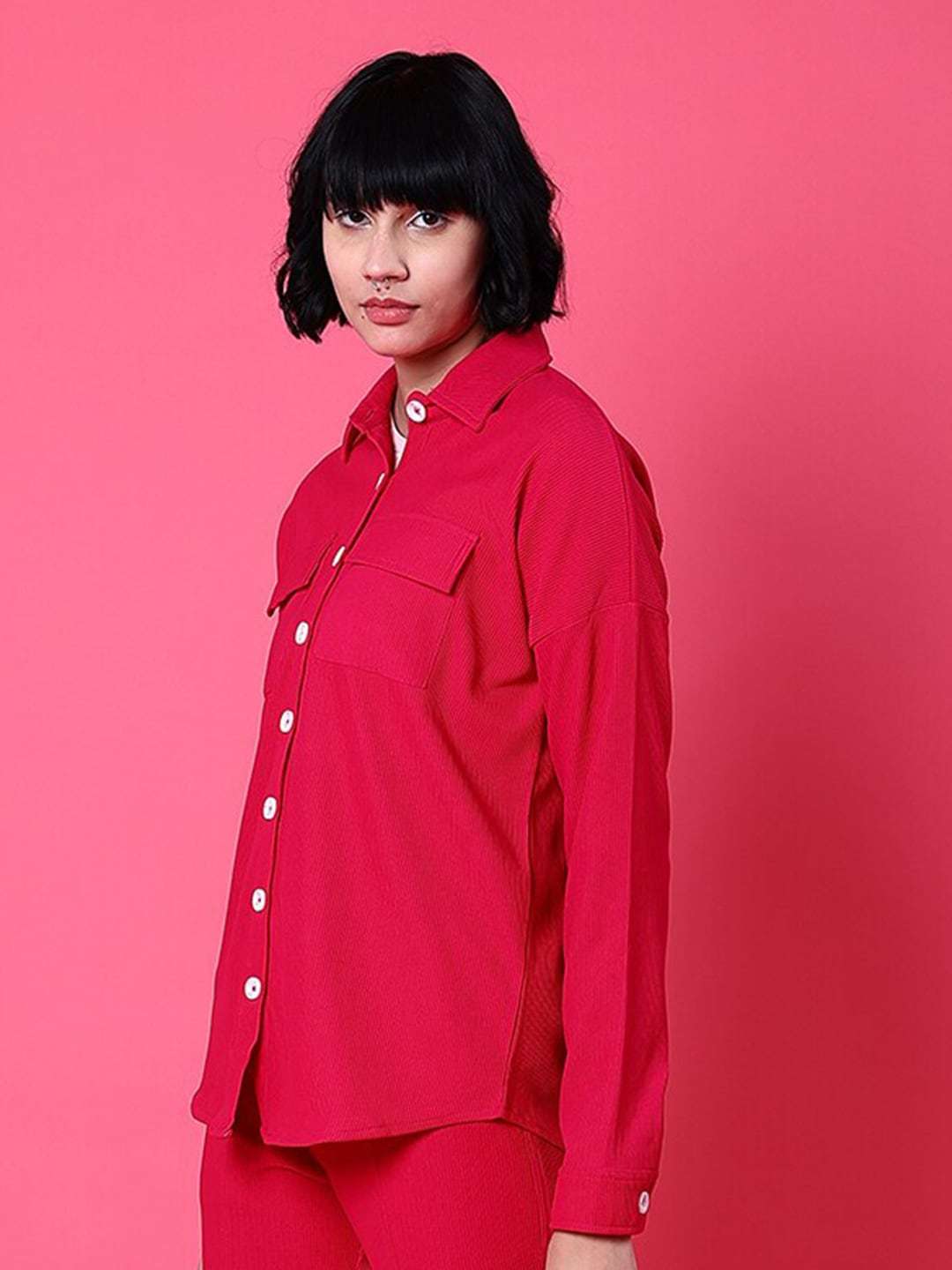 Shop Women Corduroy Cargo Pocket Oversized Shirt Online.