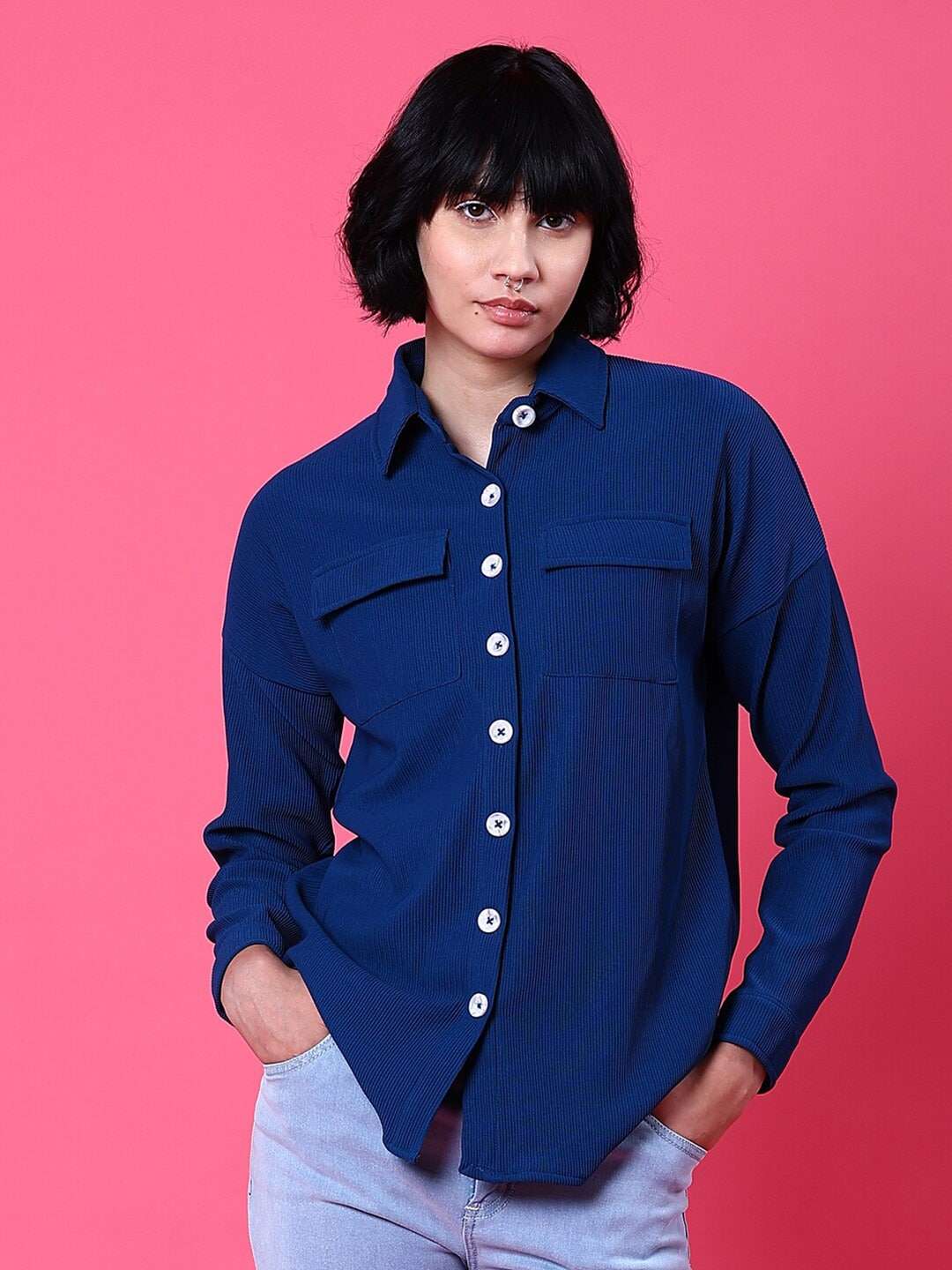 Shop Women Corduroy Cargo Pocket Oversized Shirt Online.