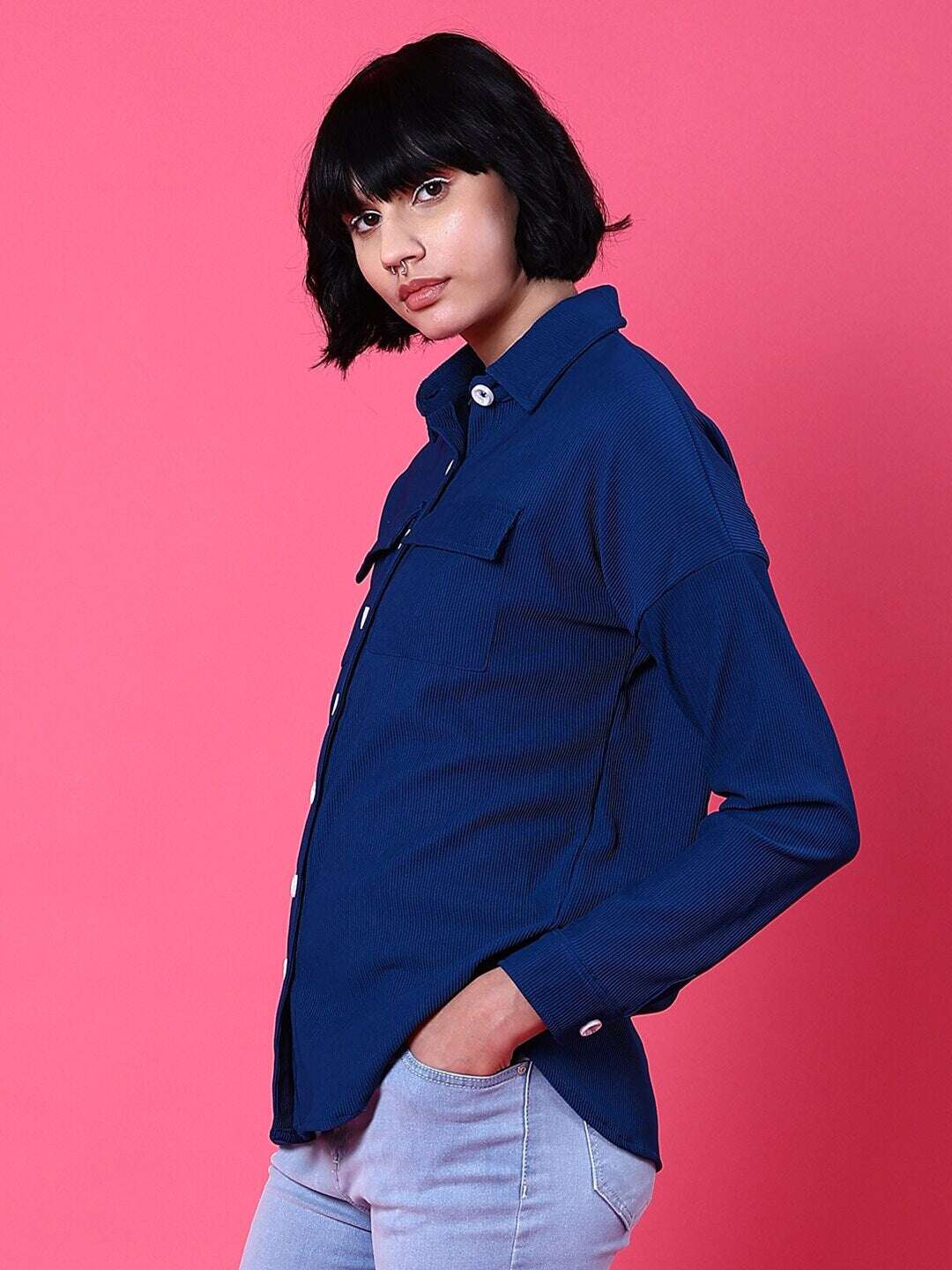 Shop Women Corduroy Cargo Pocket Oversized Shirt Online.