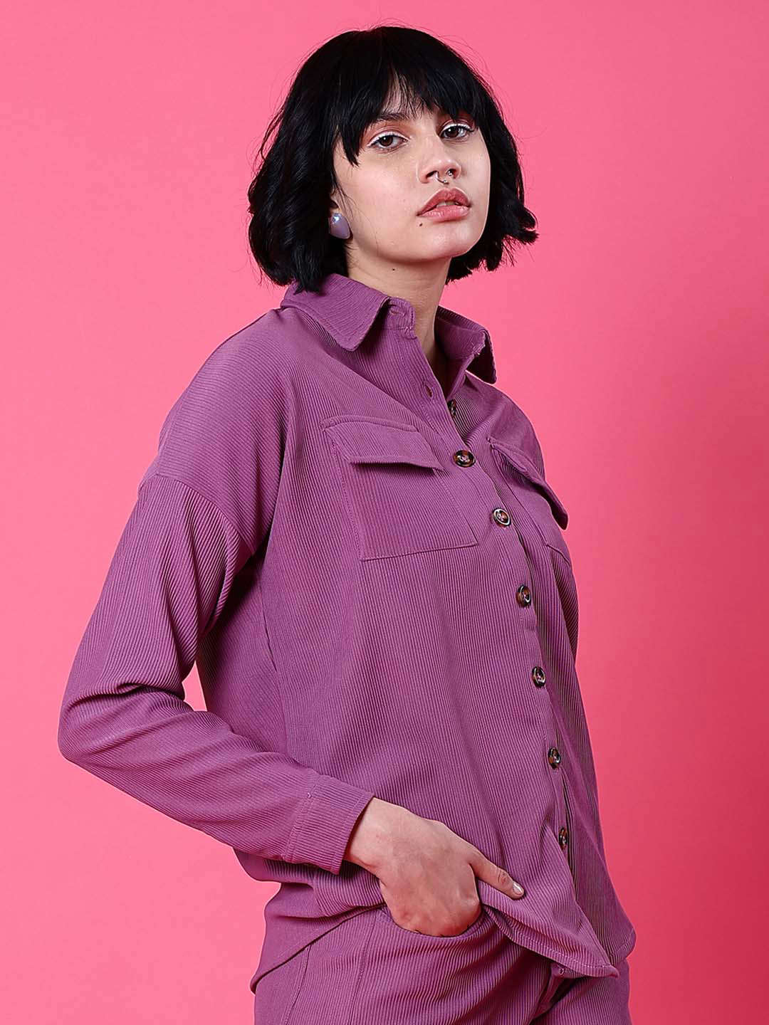 Shop Women Corduroy Cargo Pocket Oversized Shirt Online.