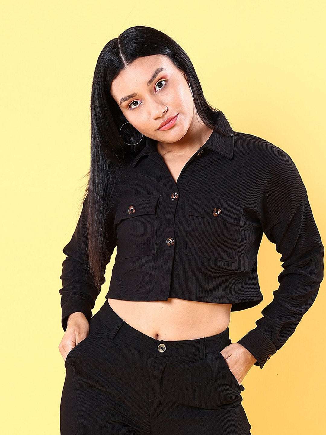 Shop Women Patch Pocket Corduroy Crop Shirt Online.