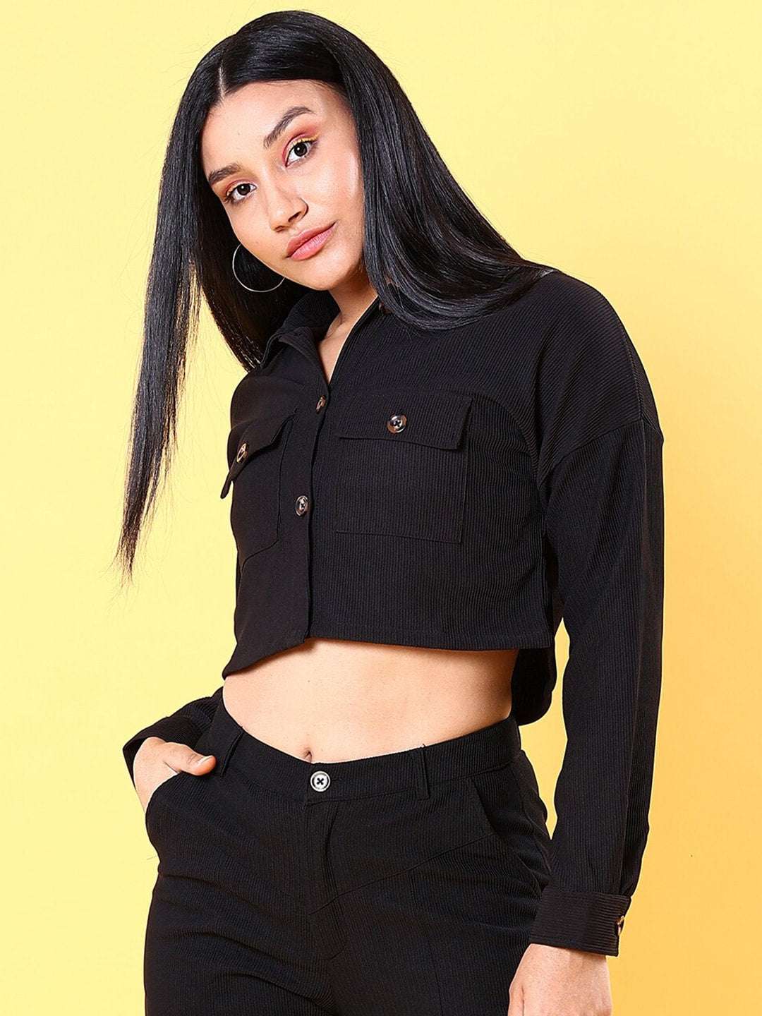 Shop Women Patch Pocket Corduroy Crop Shirt Online.