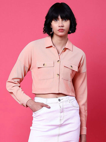 Shop Women Patch Pocket Corduroy Crop Shirt Online.