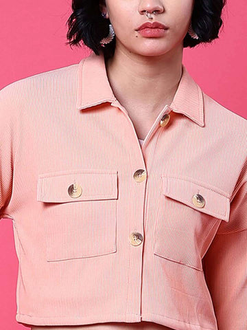 Shop Women Patch Pocket Corduroy Crop Shirt Online.