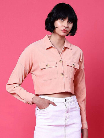 Shop Women Patch Pocket Corduroy Crop Shirt Online.