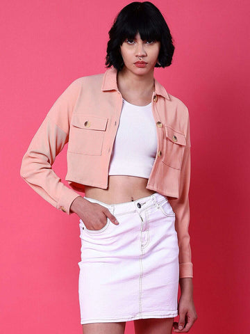 Shop Women Patch Pocket Corduroy Crop Shirt Online.