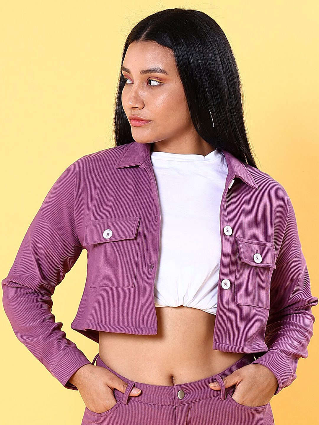 Shop Women Patch Pocket Corduroy Crop Shirt Online.