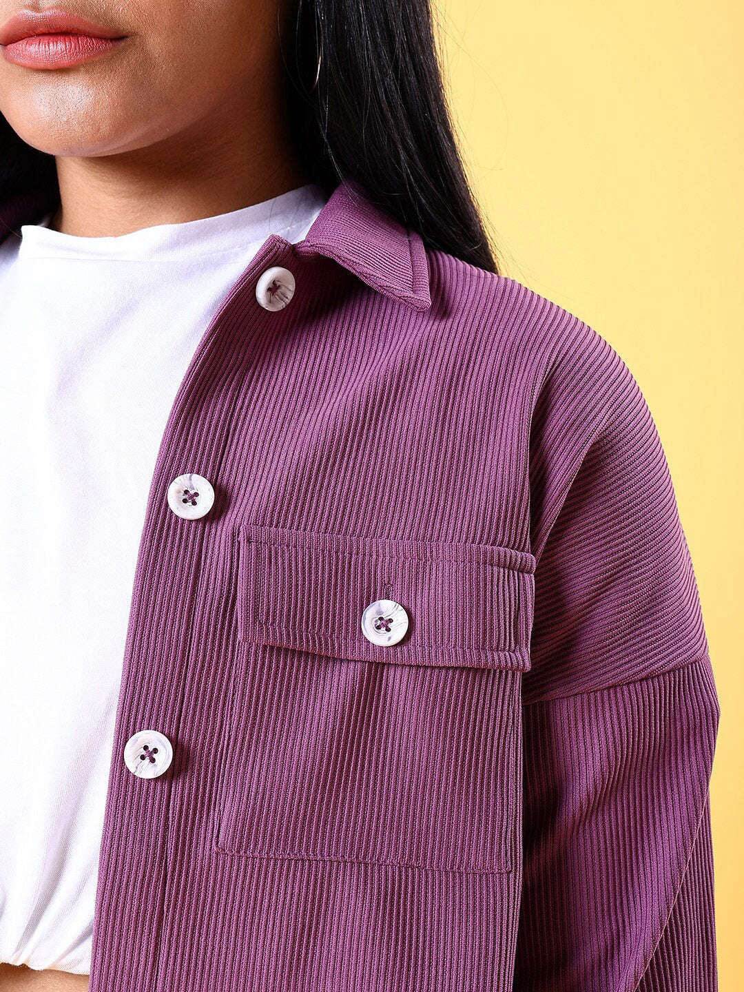 Shop Women Patch Pocket Corduroy Crop Shirt Online.