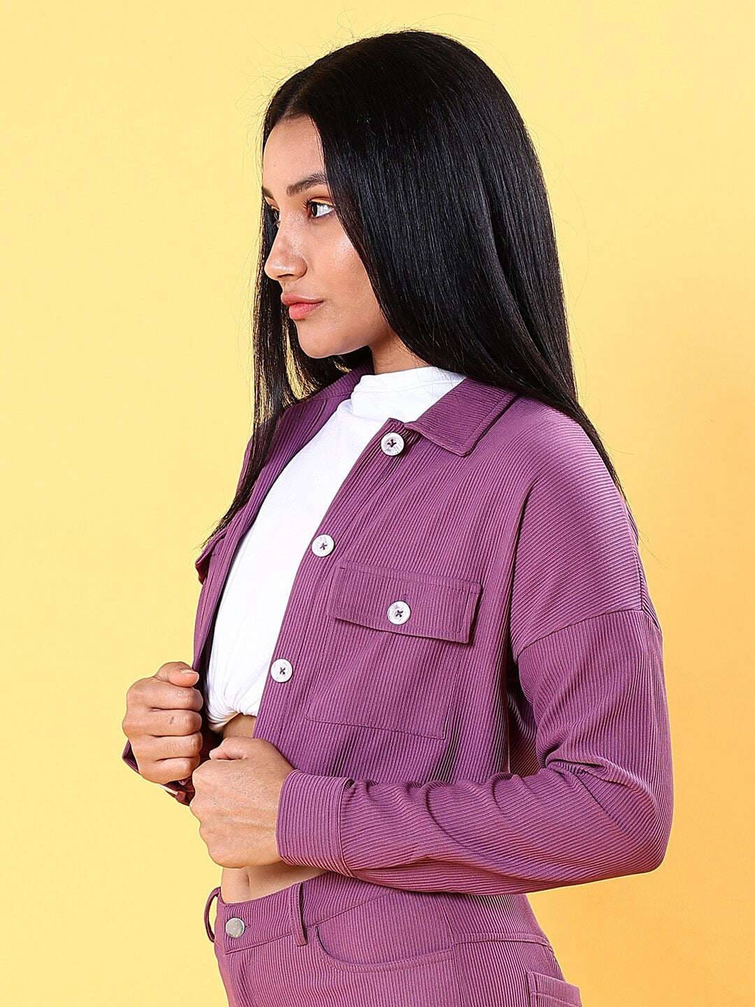 Shop Women Patch Pocket Corduroy Crop Shirt Online.