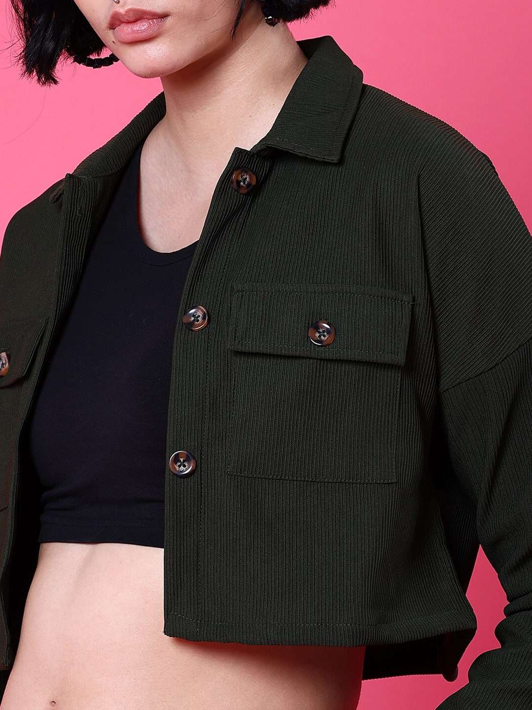 Shop Women Patch Pocket Corduroy Crop Shirt Online.