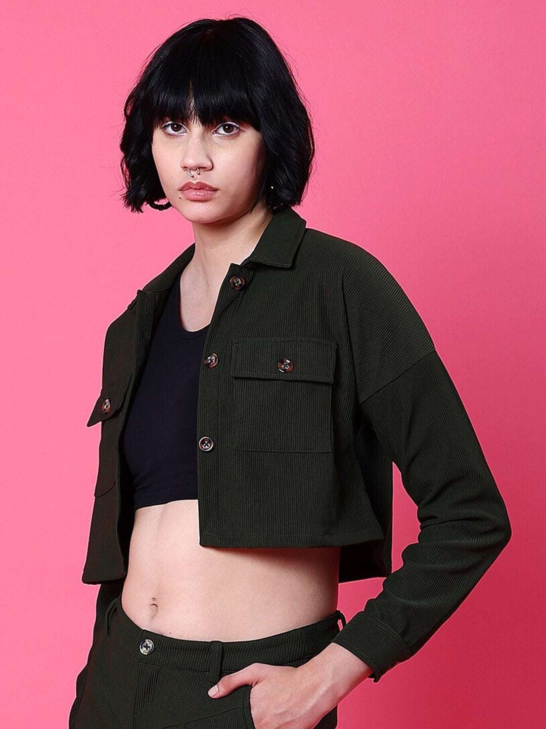 Shop Women Patch Pocket Corduroy Crop Shirt Online.