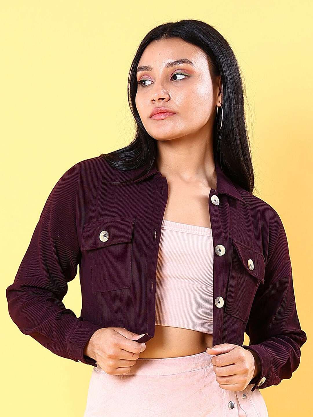 Shop Women Patch Pocket Corduroy Crop Shirt Online.