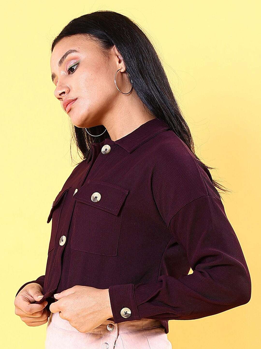 Shop Women Patch Pocket Corduroy Crop Shirt Online.