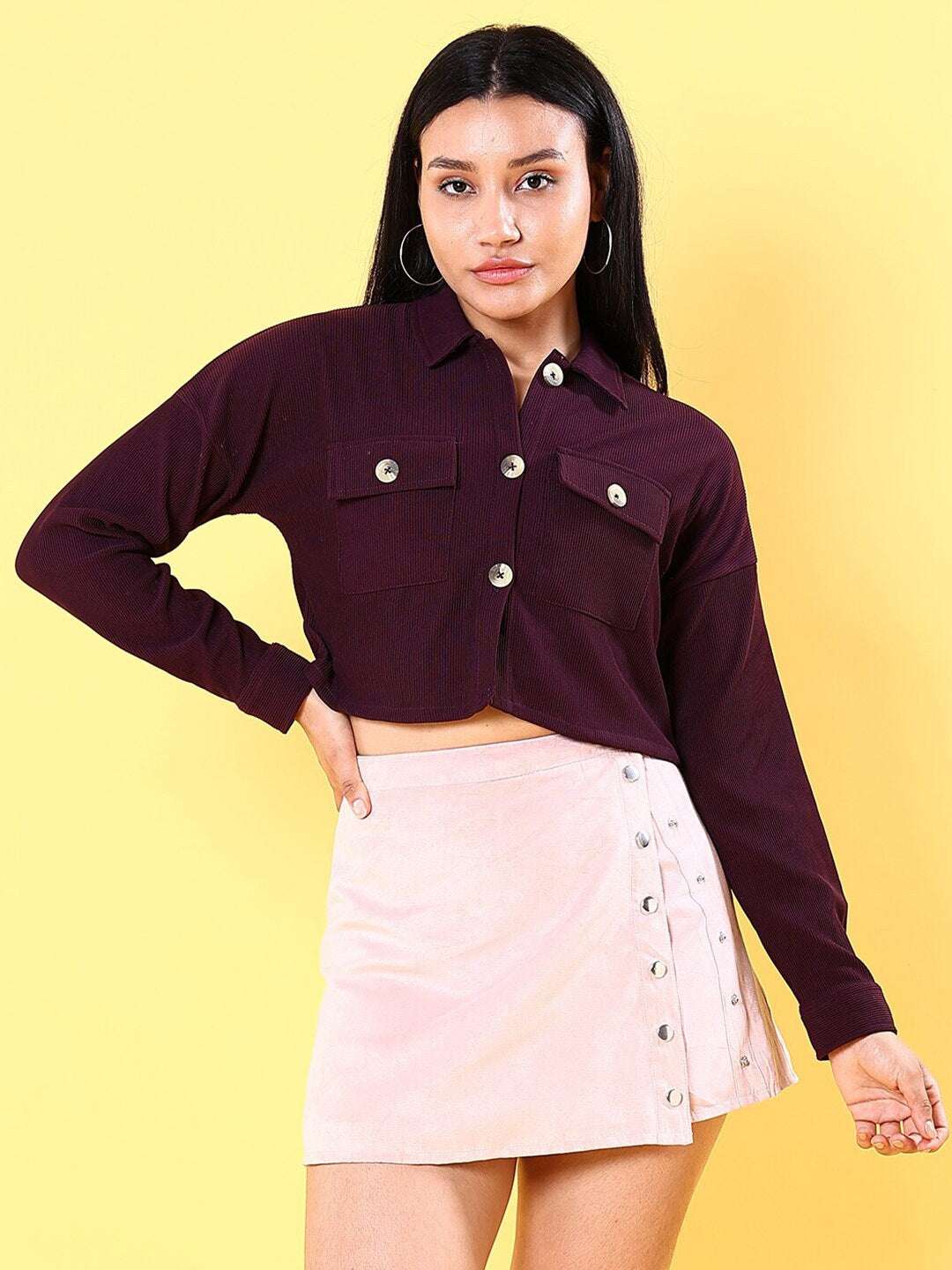 Shop Women Patch Pocket Corduroy Crop Shirt Online.