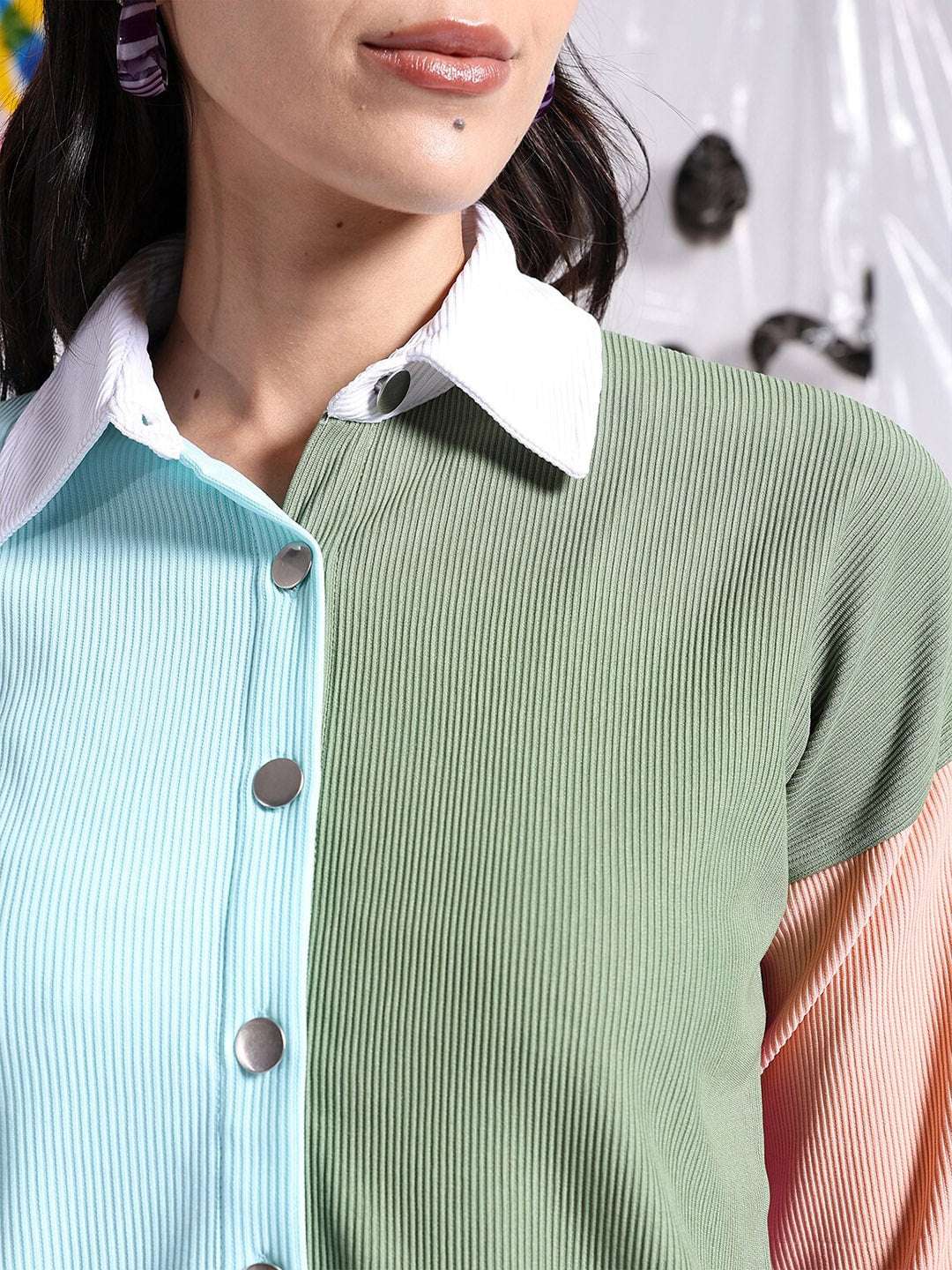 Shop Women Boxy Corduroy Colorblock Shirt Online.