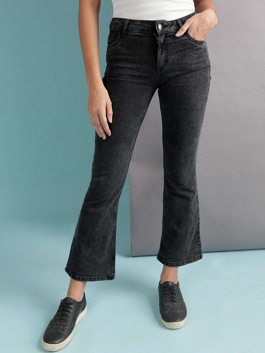 Shop Women Mid Wash Bootcut Denim Jeans Online.