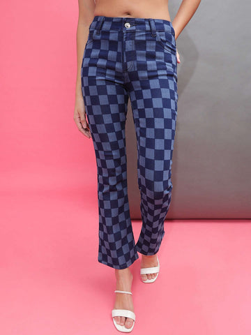 Shop Women Laser Checked Bootcut Denim Jeans Online.