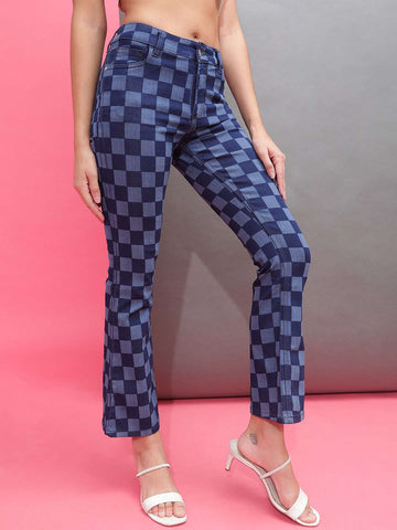 Shop Women Laser Checked Bootcut Denim Jeans Online.