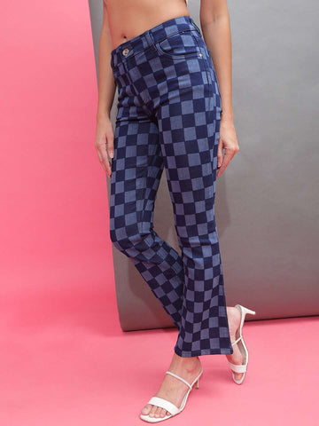 Shop Women Laser Checked Bootcut Denim Jeans Online.