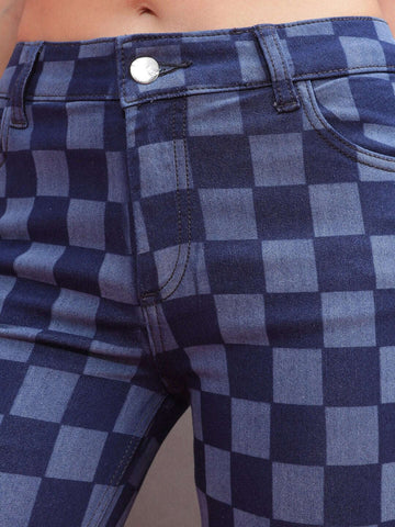 Shop Women Laser Checked Bootcut Denim Jeans Online.