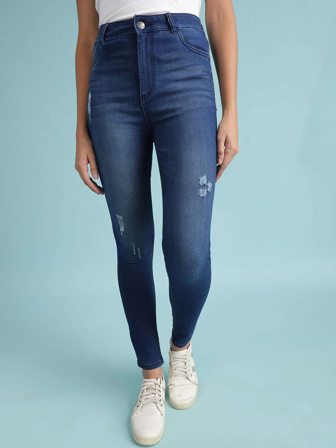 Shop Women Dark Wash Skinny Fit Denim Jeans Online.