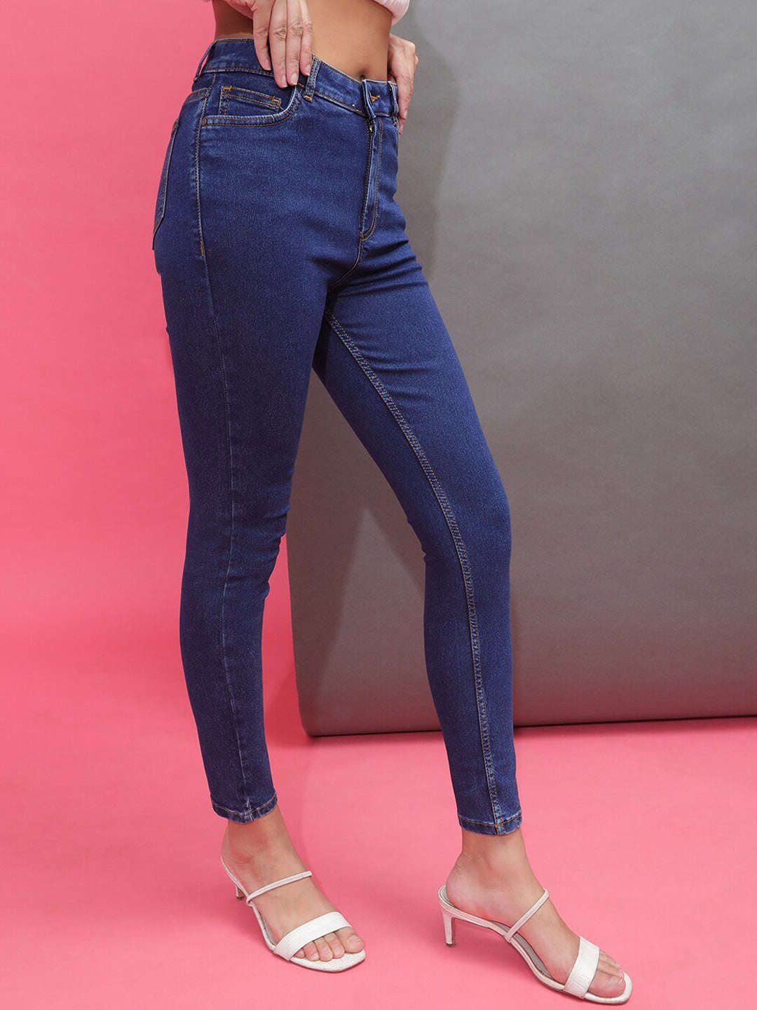 Shop Women Dark Wash Skinny Fit Denim Jeans Online.