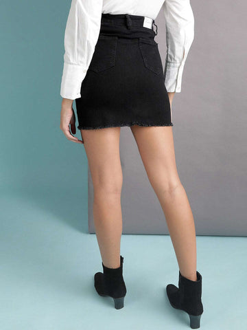 Shop Women Solid Black Short Denim Skirt Online.