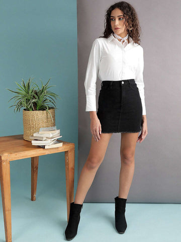 Shop Women Solid Black Short Denim Skirt Online.