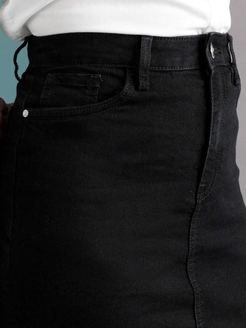 Shop Women Solid Black Short Denim Skirt Online.