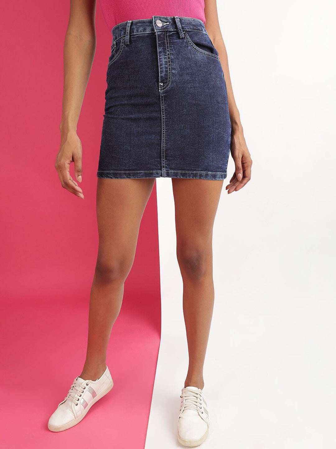 Shop Women Solid Black Short Denim Skirt Online.